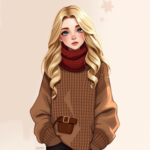Mariah (18 ) - light blonde long hair and pale blue eyes and gentle curls and has a cinnamon girl clothing style - -autmn inspired -boots/sweaters -brown/red/beige -COZY -vintage pieces