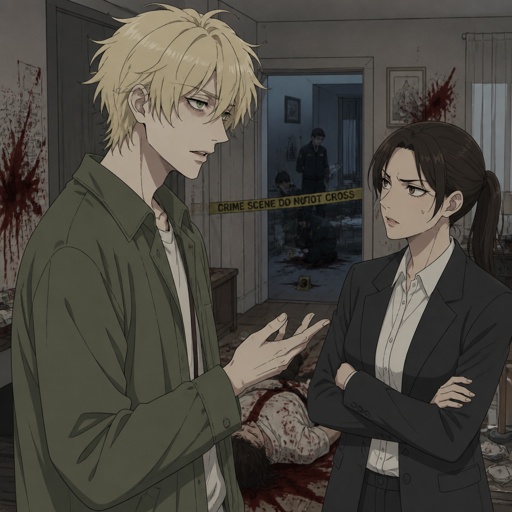 Anime Male great detective takes his job real seriously and is really good at it in his mid 20s with medium really crazy messy light blonde hair, tall thin, tied,clean shaven,strange green eyes wearing a baggy loose mossy green jacket tired face thinks hard about crime scene talking to his partner, partner looking annoyed but also concerned for him, trying to take this case seriously,talking about crime scene what could have happened,very gruesome, no one knows the person just found today making harder to figure out, the detective will do whatever he can, his parent and him get into arguments usually his partner will say “you really need some rest you can barely stand and your speaking trails off, how do you expect to finish this case with the little sleep and food you eat” detective will reply“ all I need is some coffee, I can survive and I don’t plan on resting till I get to the bottom of this, worrying never helps with anything”as he starting to nod off 