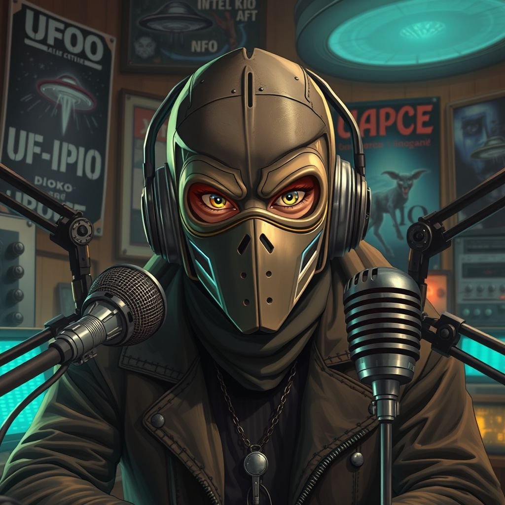 Masked paranormal radio host with UFO posters in the background