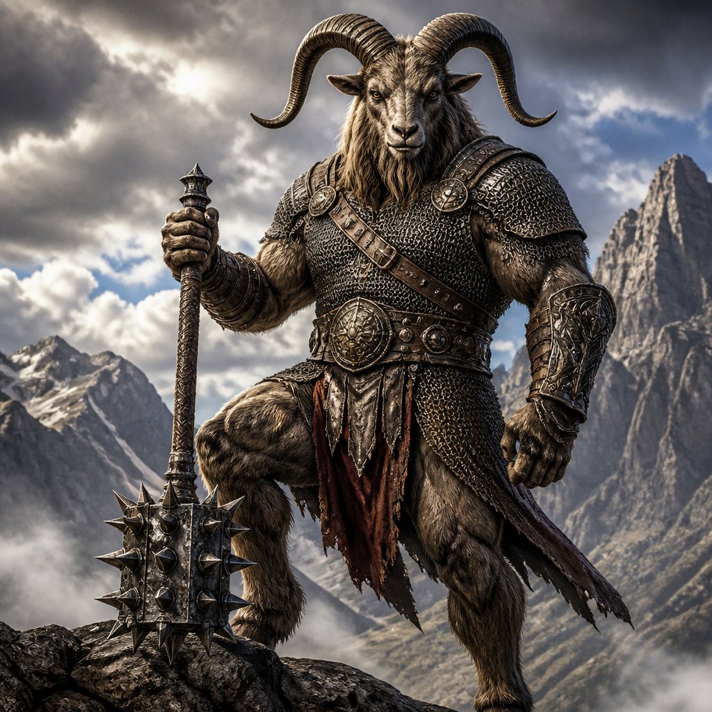 Beastman half man half mountain goat. Body of a man and the head of a goat. Has chainmail armour and mace with spikes