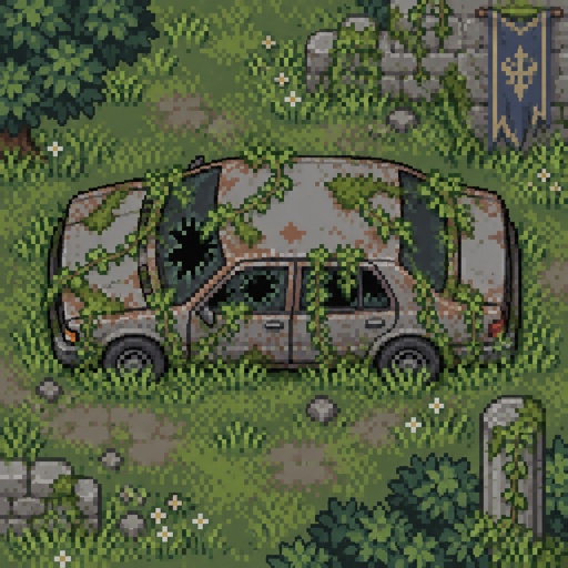 Abandoned car for a fantasy game set in modern times, top-down style