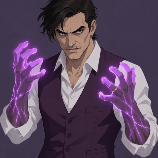 Male, slim, black messy hair, back hair, brushed side hair, scar on upper and lower lip, ear piercing ring, mid 40s, glowing purple hands, purple glowing veins, angry, bad guy, purple vest, white shirt, wedding ring