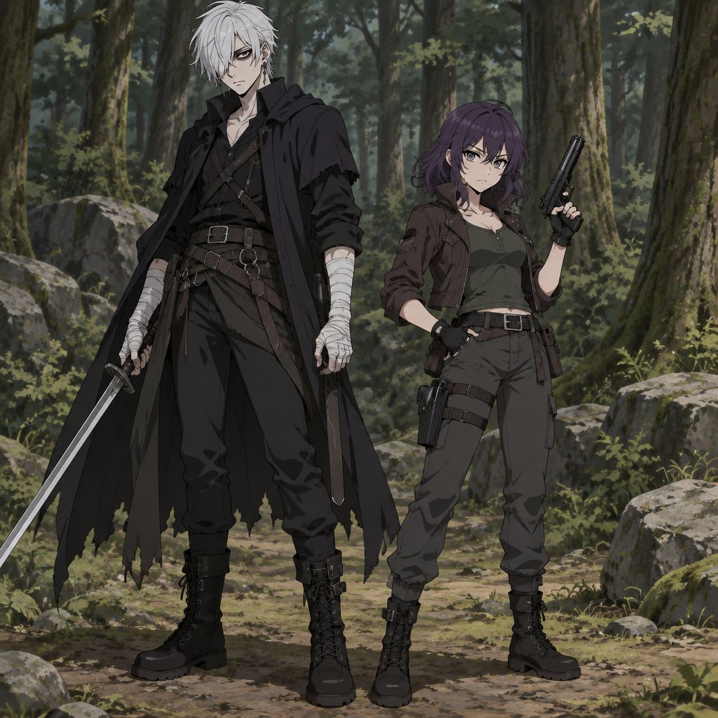 Anime style, male, name kai, highly skilled in fighting all fighting styles and weapons, long white hair half in face, dark bags,white skin,earrings, history unknown, Female, name is Beth,medium wavy dark purple hair, gray eyes, short, open jacket with a dark green shirt, she is a Bounty Hunter for hire,agency hired Beth to get Kai,Beth and Kai in woods