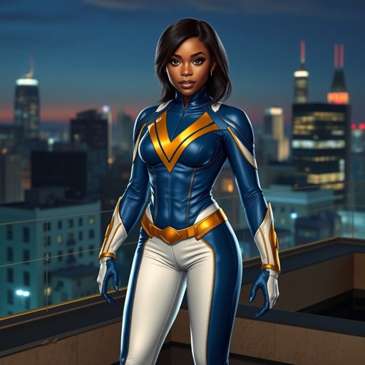 A young African American female superhero with shoulder length hair in a side part style wearing a blue and white suit made of a leather like spandex material with gold accents with white pants and gold boots with a stylized V as her chest emblem standing ona roof in a Philadelphia at night