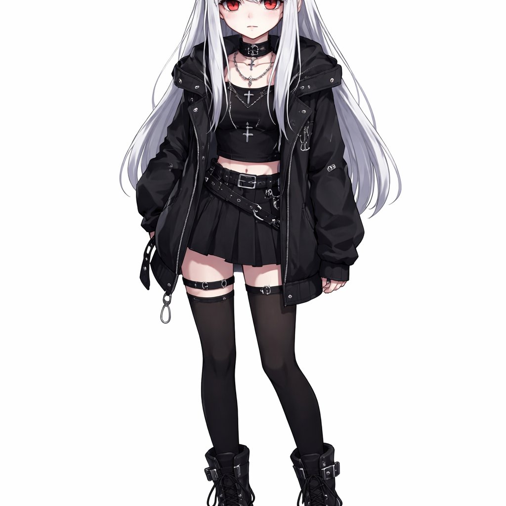 Anime girl. Her expression is unmoved and uninterested, she has white hair and red eyes, she always wears black gloomy clothes and the picture is about her whole body