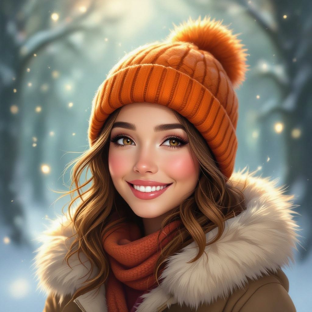 Kobieta o jasnobrązowych włosach, ubrana w zimową czapke w kolorze pomarańczowym i jasnobrązowe futro. Uśmiechnięta. 
