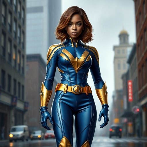 A teenage African American female superhero with shoulder length brown hair with light brown highlights in a side part style wearing a blue gold and silver suit with blue pants and gold boots with a utility belt and a stylized V as her chest symbol standing in Philadelphia while it rains