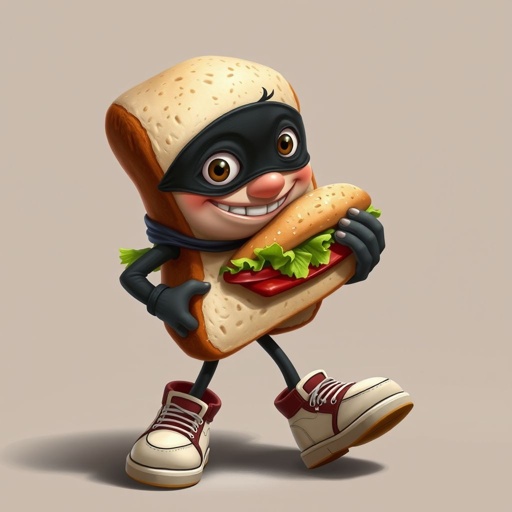 Create a funny looking clumsy sandwhich thief with funny shoes on. Make him have on the bandit black thing around his eyes 