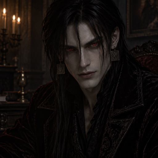 Male vampire, black hair long in the front hair of ears in the middle of face dropping,red eyes,big square earrings 