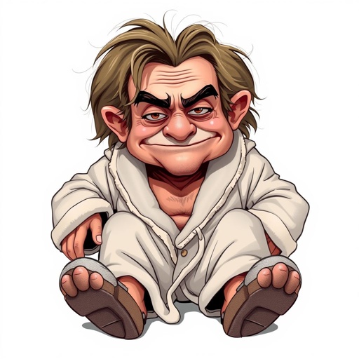 Create a adult humor character who is lazy as heck. And you could tell from his face and his entire outfit. Make is funny and the style of the graphic photographic