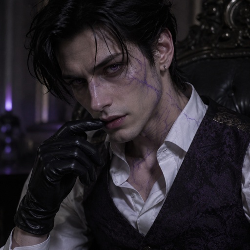 Male, slim, slight eye bags, black messy hair, back hair, brushed side hair, strands of hair in the middle of forehead, ear piercing ring, gloves, purple glowing veins, purple vest, white shirt, no facial hair, bad guy, mid 30s