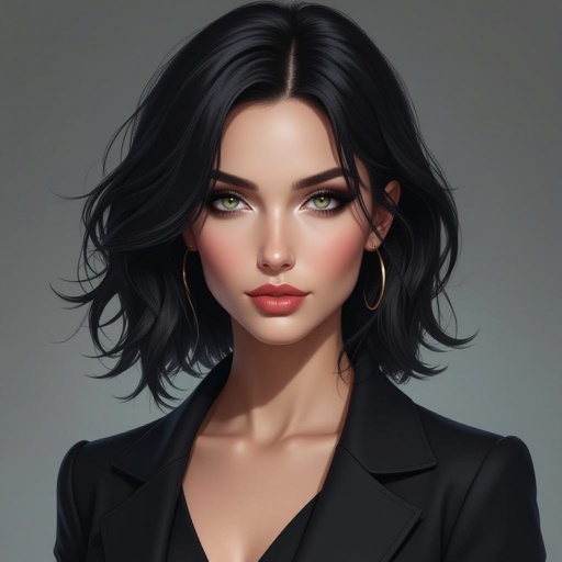 Show character head to toe. Create a mid age mysterious woman jet-black hair is cut sharpand her eyes seem to pierce through darkness. A shadowy aura clings to her form,
