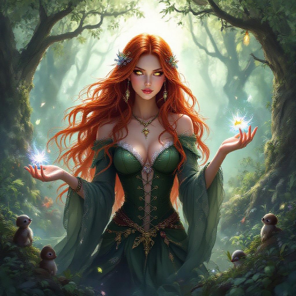 witch with long shimmering red hair and skin and small creatures all around her 