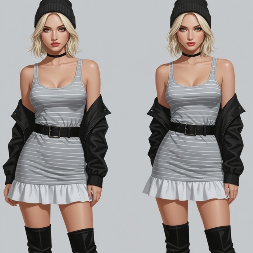 Veronica White wears a gray-striped tank dress with a white ruffled hem, cinched by a black belt. A loose black jacket hangs off her shoulders, paired with thigh-high black boots and a beanie. Her short blonde hair frames sharp eyes and a calm, defiant expression. The look is casual yet edgy—part scientist, part street rebel—hinting at the brilliance and darkness beneath her composed exterior.