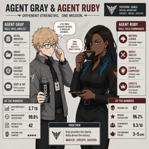 Agent gray nice wave blond hair, nice,no glasses,cares about partner, shy,good at his job, very organized but if a lot of work happens all at one and there's a limited time he can get very disheveled, likes his partner agent Ruby but to scared to admit it, smart,energy drinks,can unintentionally be funny. Anime style, Ruby she's dark skin with brown hair light blue tips, serious, intimidating, makes sure she gets all the answers,very good at interrogating,very loud, being calm is hard, loves tea, she cares about her partner gray but doesn't know about gray's feelings to her, she smiles a lot there both interacting with each other anime style 