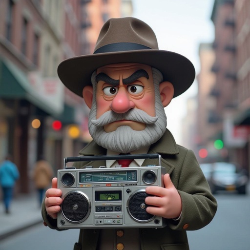 Create a funny fat guy who isnt friendly from New York  has a boom box radio , make it Toy Story graphics  