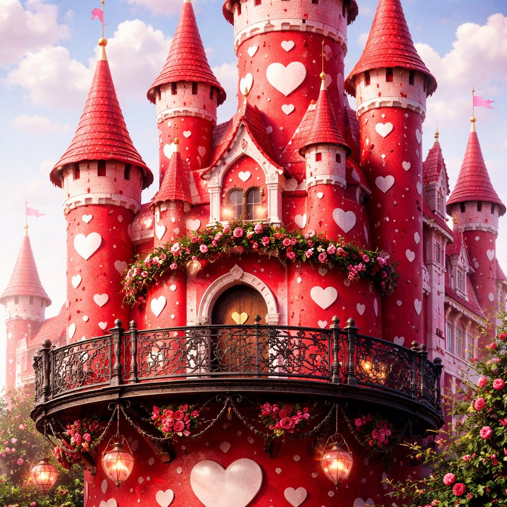A red castle with hearts on with a balcony