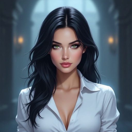 Show character head to toe. Create hero woman jet-black hair is cut sharpand her eyes seem to pierce through darkness. A shadowy aura clings to her form,