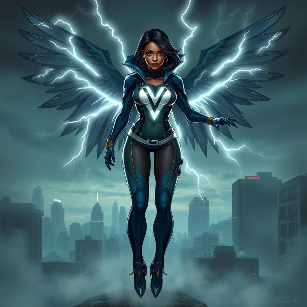 African American female superhero with shoulder length hair in a side part style and wings made of white lightning wearing a slightly homemade  white blue and black suit with black pants with a stylized V as her chest emblem wearing blue flat boots made of gold standing in Philadelphia at dusk