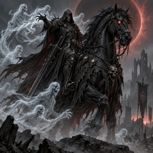 dark assassin, dragon eye, large horse companion, spirit summoning abilities, horseman of the apocalypse