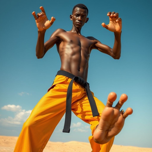 Create a character who looks like a funny African karate guy who doesn’t have a clue what he is doing. Make him have weird toes, only speedos on and a black karate belt. Make him tal skinny and slinky.