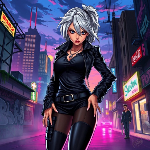 and a black shirt and heels and a black leather jacket and a cool background