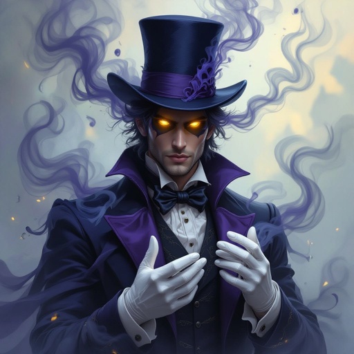 A male character made of dark blue and purple smoke with visible yellow eyes white gloves and a top hat