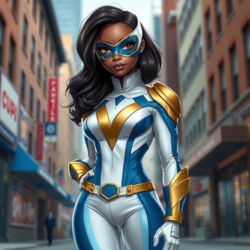 A teenage African American female superhero wearing a domino style mask with slightly curly hair in a shoulder length side part style  wearing a slightly armored  White and blue suit with gold accents blue pants and a stylized V as her chest emblem a utility belt and blue boot heel less standing in Philadelphia  