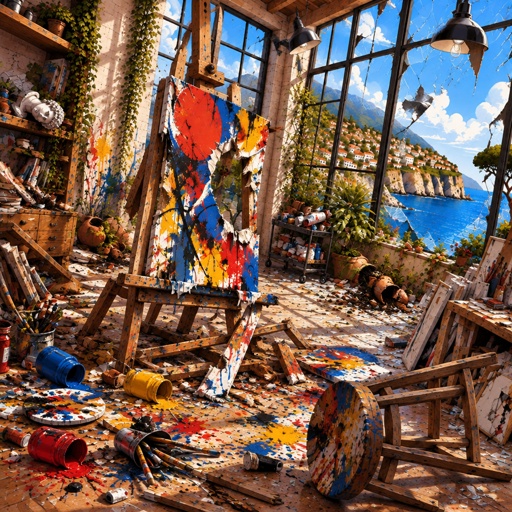 a room filled with lots of paint and a big window