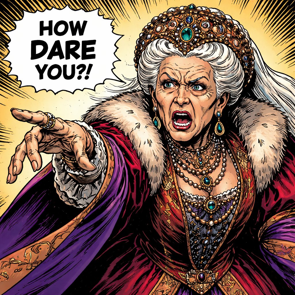 very elderly woman dressed in expensive renaissance robes her arm is extended and he is speaking. she is angry. Refined realistic, no caricature.