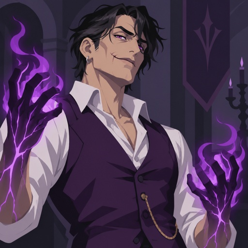 Male, black messy hair, side bangs, scar on lip, ear piercing ring, mid 40s, slim, glowing purple hands, purple glowing veins, smiling, bad guy, purple vest, white shirt