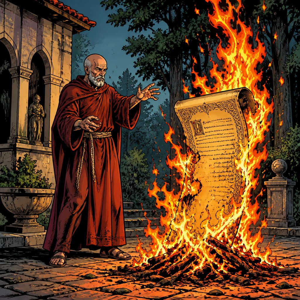 Gray haired, bald man with a short gray beard beard old, dressed in a monk style reddish robe stands in front of a fire is burning a large ornate parchment. he is not holding the parchment. The parchment is in the fire. Renaissance background is in a yard surrounded by a forest no speech bubbles, intense colours no print dots no caricature, highly realistic. Longshot full body.