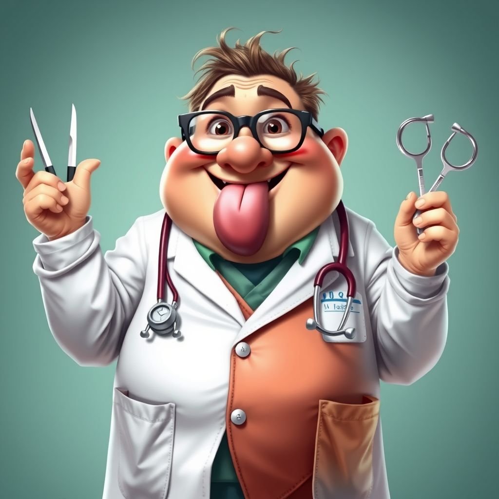 create a fat doctor. Who is funny human looking from head to toe. And he always immediately results to surgery for anything even small things. So please be sure to show his whole outfit head to toe. Make him have butt tooth