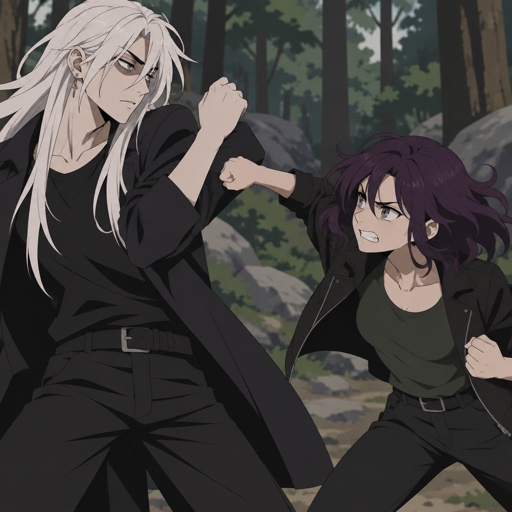 Anime style, male, name kai, highly skilled in fighting all fighting styles and weapons, long long white hair half in face, dark bags, white skin,earrings, history unknown, Female, name is Beth, medium wavy dark purple hair, gray eyes, short, open jacket with a dark green shirt, she is a Bounty Hunter for hire, there fighting in the woods looking at each other Beth with and angry face and Kai with a serious face both are glaring,Beth is a agents 