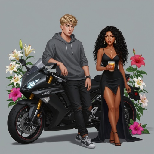 A striking duo portrait: A 19-year-old young man leans casually against a sleek black motorcycle, parked near a lush garden where lilies and hibiscus flowers bloom. He has short, tousled dirty blonde hair, striking green eyes laced with gray, olive skin, and a lean but muscular build. His fitted gray hoodie stretches across his broad shoulders as he keeps his hands in his pockets, jaw sharp, gaze distant and moody.  Beside him stands an 18-year-old young woman with long, raven-black, very curly hair spilling around her face and shoulders. Her golden brown eyes are big and round, lips plump, and her honey-toffee skin is dotted with natural dark freckles. She’s holding a drink casually, dressed in a sleek black mid-thigh dress, alluring under subtle neon nightclub glow.  The composition contrasts them: his brooding, quiet strength against her vibrant, magnetic presence. Photorealistic, cinematic detail, dramatic atmosphere, soft light playing across both characters to highlight their chemistry and tension.