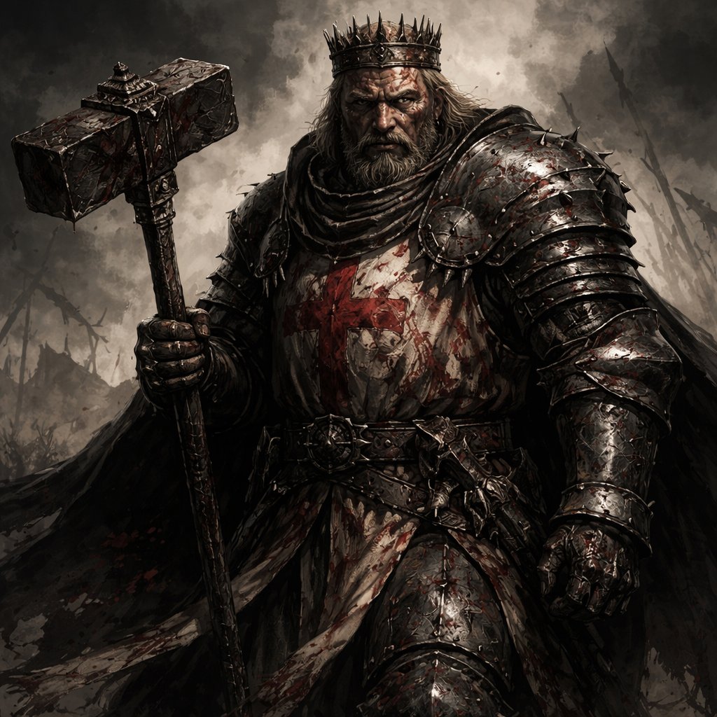 A large heavy crusader king battle damaged with a large war hammer light brown hair receding hair line and messy beard
