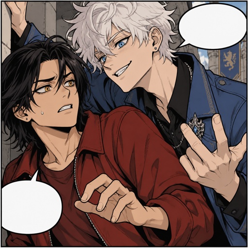 Male, Asian, neck length black hair, yellow eyes, eyeliner, wears red casual clothes, nervous, small mouth, male, fluffy white hair, big blue eyes, long smile, snobby, wears blue,