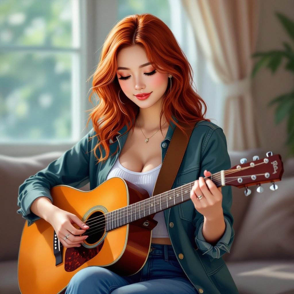 A red haired Asian girl with big boobs playing a guitar 