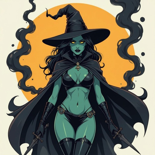 sexy shadow demon witch gypsy slate grey skin large black billowing cloak that emits darkness and shadow smoke. Two piece. Witches Hat.  Wields Black Evil Shadow Smoke Daggers