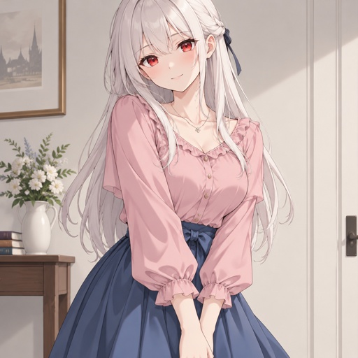 Young woman, pink blouse, blue long skirt, long white hair, red eyes, beautiful 