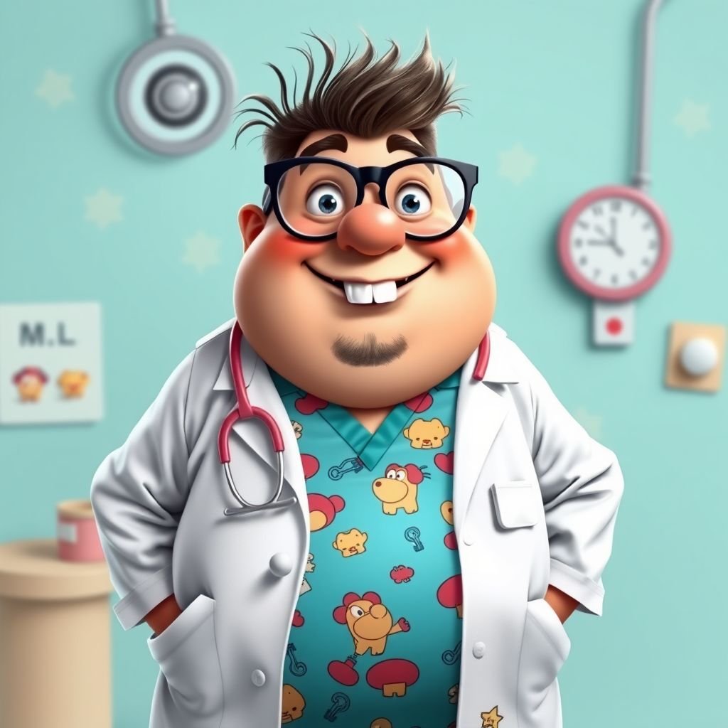 create a fat doctor. Who is funny human looking from head to toe. And he always immediately results to surgery for anything even small things. So please be sure to show his whole outfit head to toe. Make him have 1 tooth