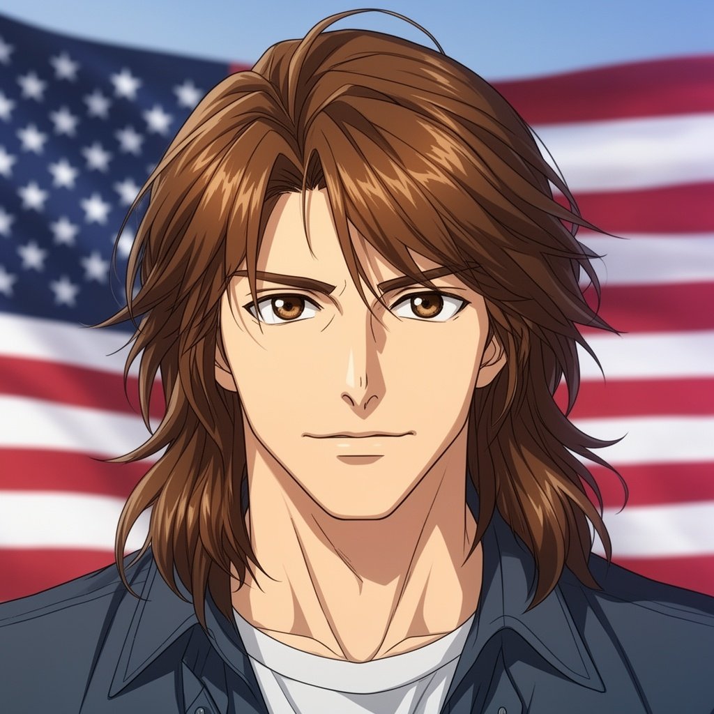 Male long brown hair, brown eyes, American