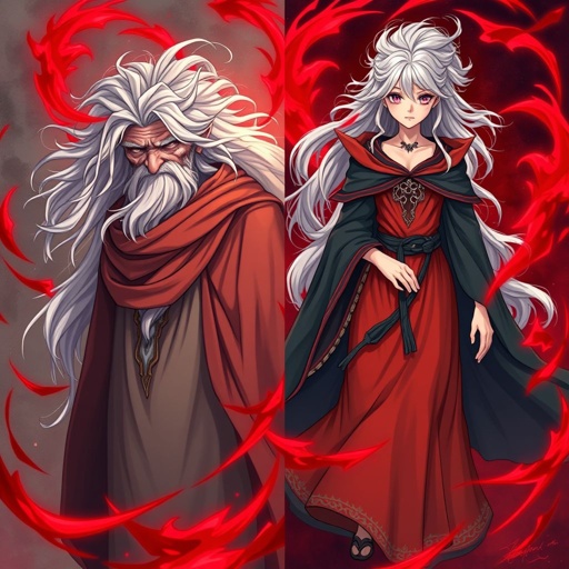 A 70 year old witch who uses magic to look younger, and makes it out of her wand. The red magic will split the screen with one side being an ugly witch and the other being a beautiful young welsh woman.