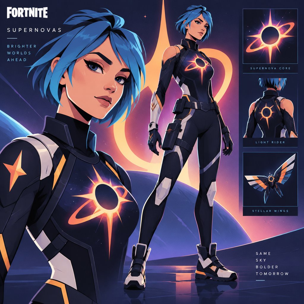 Female Light rider supernovas, from Fortnite, short blue hair
