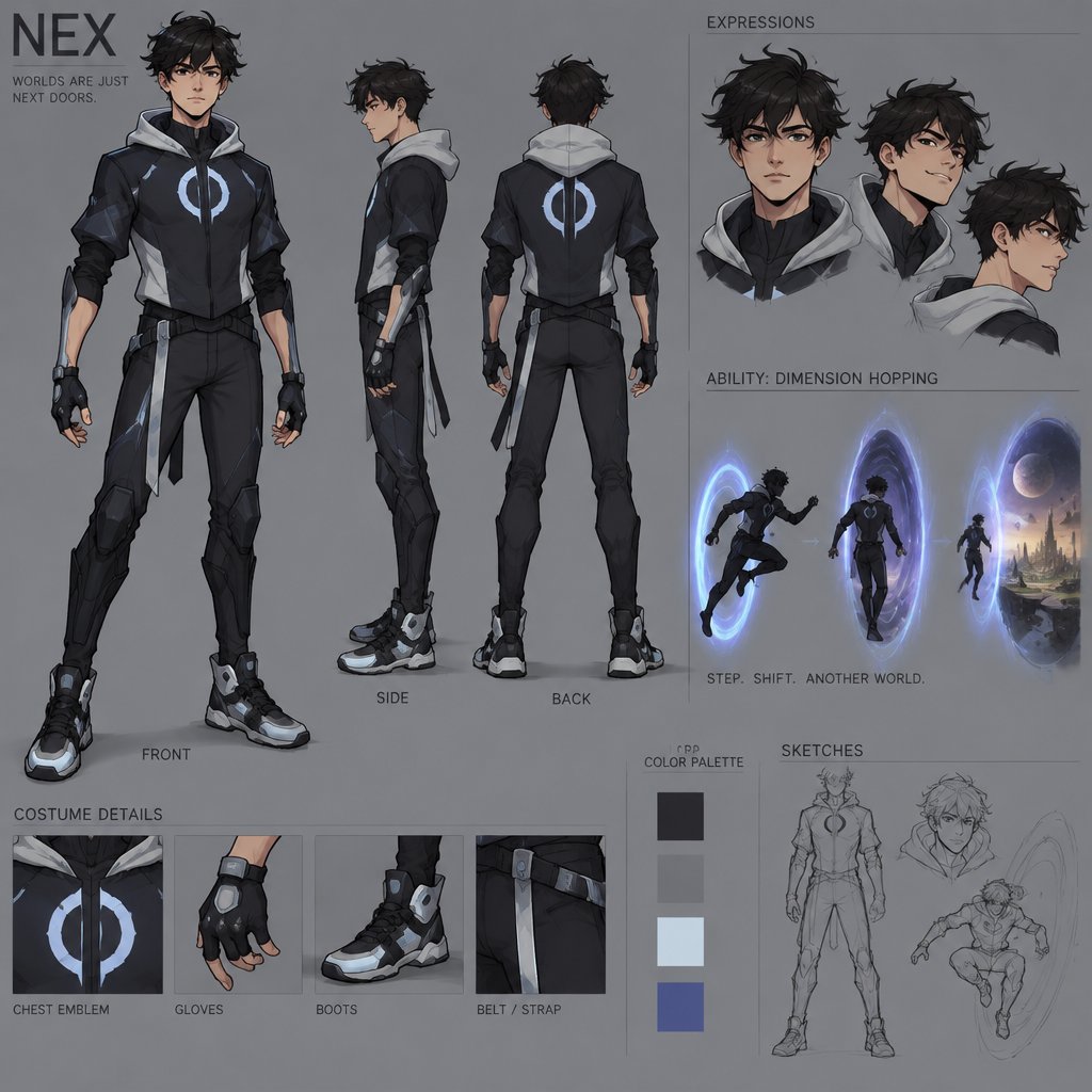 Young Male Superhero with dimension hopping abilities, simple costume