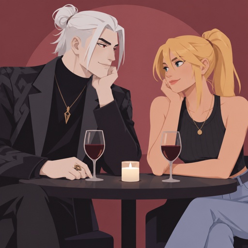 Kado Thorne from Fortnite white hair pale, Samus Aran casual clothes, on a date