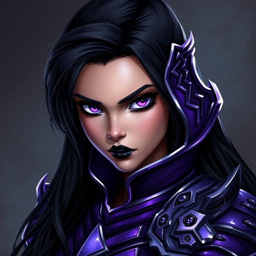 Purple and black armoured Girl with jet black long hair with dark purple eyes that glow and black eye shadow and black lipstick