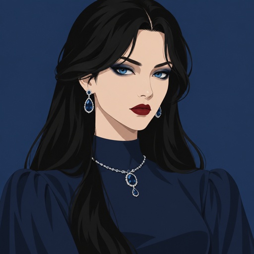Female,tale, pale, beautiful,black hair long curtain bangs style, bright blue eyes, very beautiful wearing a dark blue modest dress,dark blue eyeshadow,red lips, wearing jewelry,she seems cold and harsh but is really kind had to raise her younger brother and sister when there parents died,she was only 22,her and her brother had a hard time getting along,it was very difficult for her 