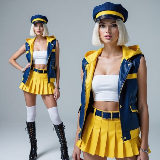 A stylish young woman with platinum blonde bob-cut hair, wearing a sleek indigo and yellow outfit inspired by futuristic street fashion. She wears a fitted indigo cap with a bold yellow band, a sleeveless indigo and yellow hooded vest left open to reveal a low-cut white tube top. Her yellow pleated mini skirt has indigo accents and a matching belt. She also wears white torn thigh-high leggings and tall black lace-up combat heel boots. The lighting is studio-bright with a clean background, emphasizing her confident pose and the sharp contrast of the outfit colors.