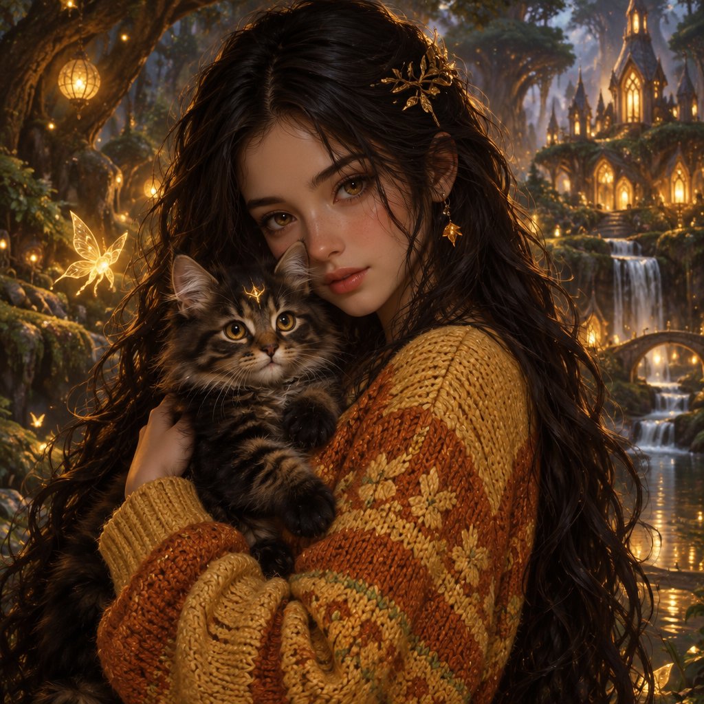 Mädchen mit langen schwarzen Haaren und einem gelb orange gestrickten Pullover und schwarz brauner Kätzchen